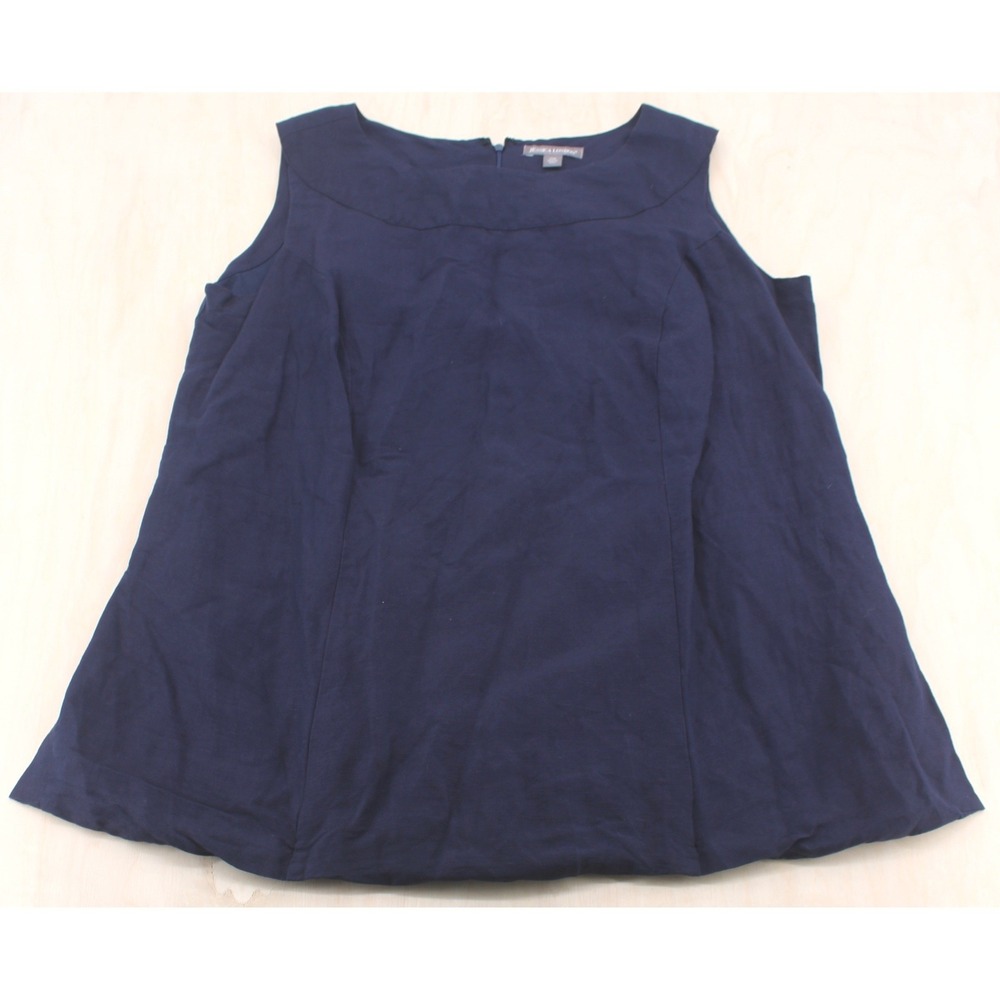 Wms Plus Size Sleeveless Linen Shell 20W Navy Blue Boat Neck Coastal Grandma